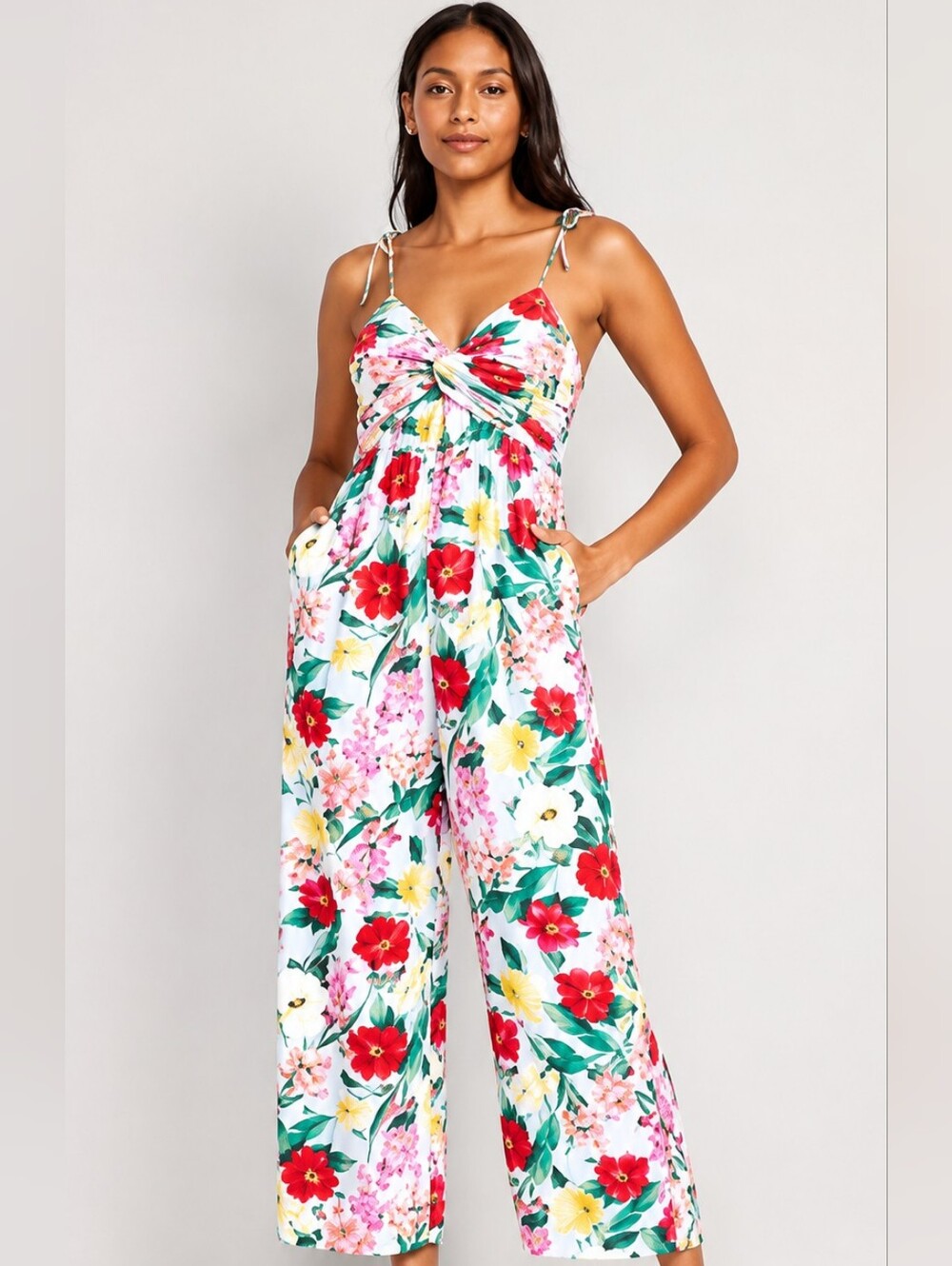 Old Navy Linen Floral Tie-Shoulder Wide-Leg Jumpsuit Smocked Back Resort Beachy